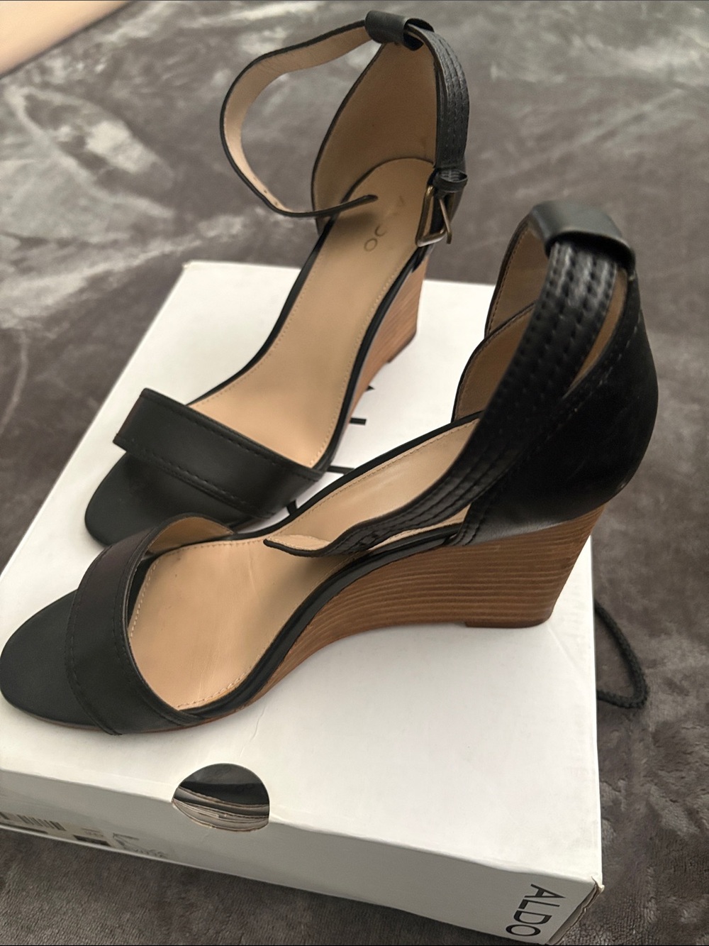 Aldo Black Leather Ankle-Strap Wedge Sandals with Wood-Look Heel